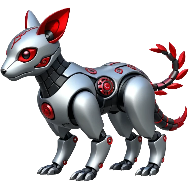 Futuristic mechanical cyborg modern badass cool shiny metallic alloy silver-grey obsidian-black crimson-red white animal hybrid Fakemon full body with intricate patterns emoji