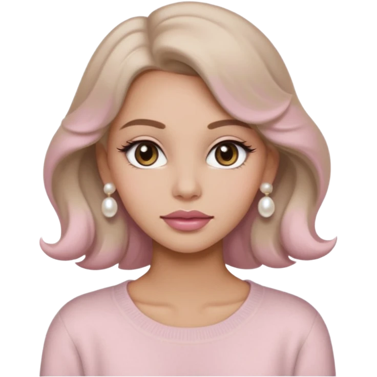 “Emoji girl, soft matte skin, neutral taupe eyeshadow, light rose lips, subtle contour, pearl earrings, loose waves, wearing cream cashmere sweater.” emoji