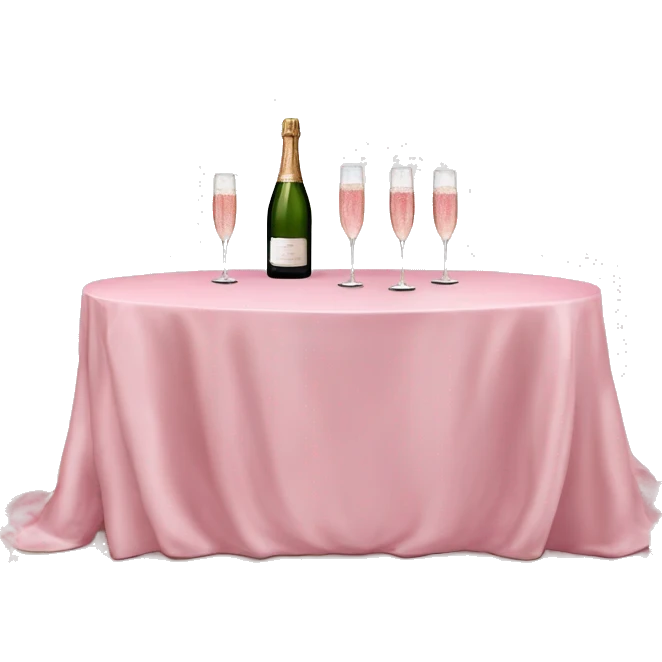 Sweetheart wedding table with pink table cover, peonies, pink champagne bottle and two glasses full of champagne emoji