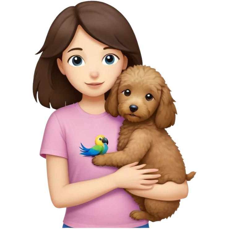 One girl with medium long dark brown hair dressing baby pink T-shirt, hugging One little brown coated labradoodle and a yellow-headed, blue-bellied macaw emoji