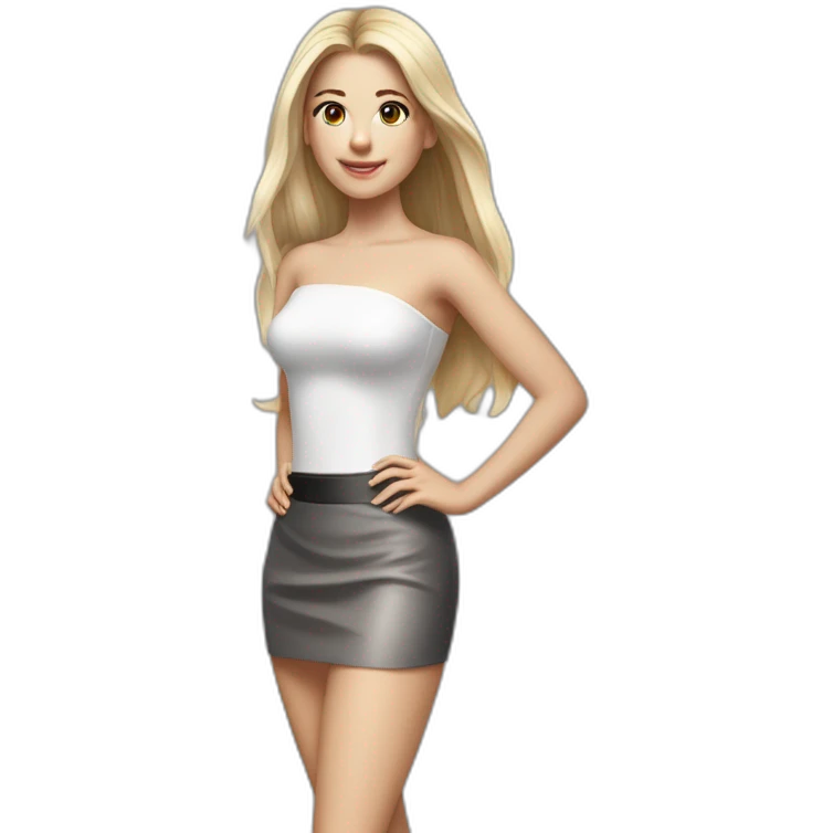 hyperrealist caucasian long hair blonde brown eyes strapless white top gray tight mini skirt black shoes full body emoji
