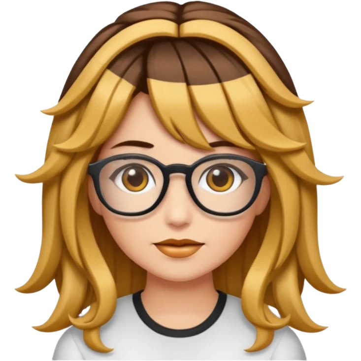 Uma garota de cabelos cacheados com mechas loiras, com pele morena clara e óculos emoji