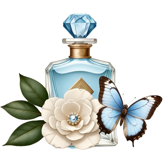 A nostalgic composition of an antique perfume bottle with a crystal stopper, an old love letter, and a single pale blue butterfly resting atop a white camellia.
 emoji