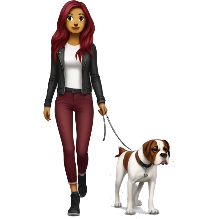 Beautiful tattooed  burgundy long haired woman walking a boxer dog emoji