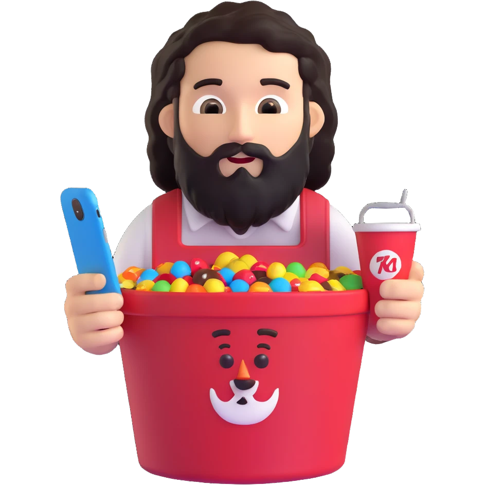 KFC bucket with a green M&M character sitting inside it, the M&M has a black beard, curly hair, and is holding an iPhone emoji