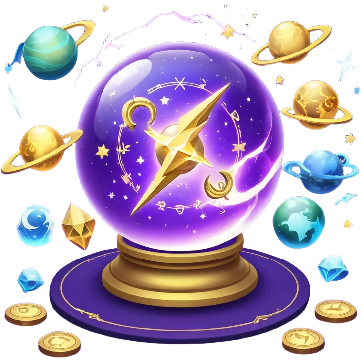 A mystical, glowing crystal ball with swirling sparkles and lightning bolts inside, surrounded by zodiac signs and planets floating in space, with tarot cards spread out on the table around the ball. Use bright purples, blues, and golds to create a magical, mysterious vibe. transparent background.  emoji