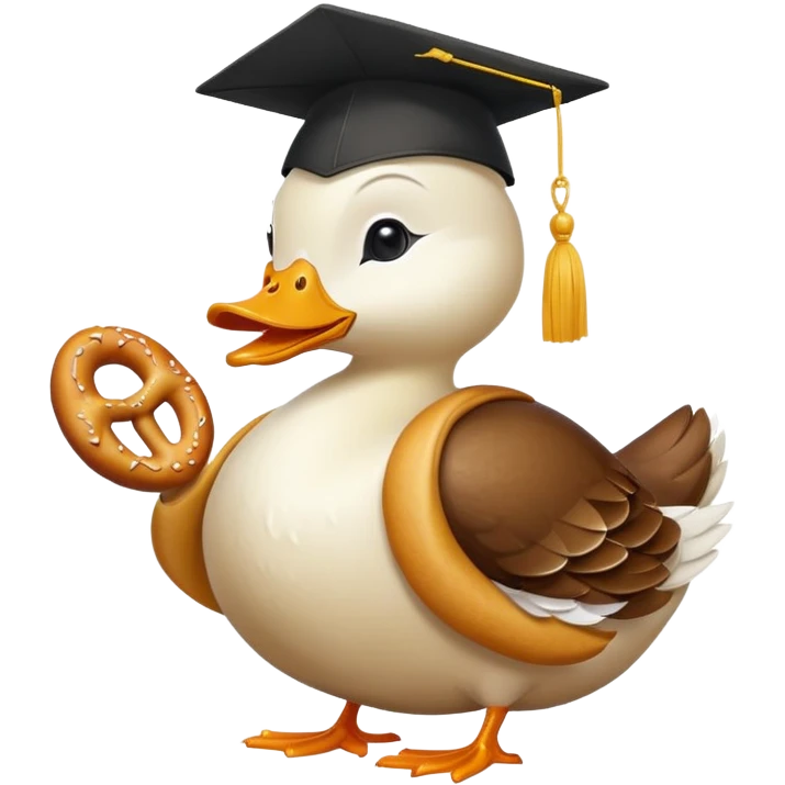duck wearing bread shaped like a graduation cap and holding a pretzel emoji