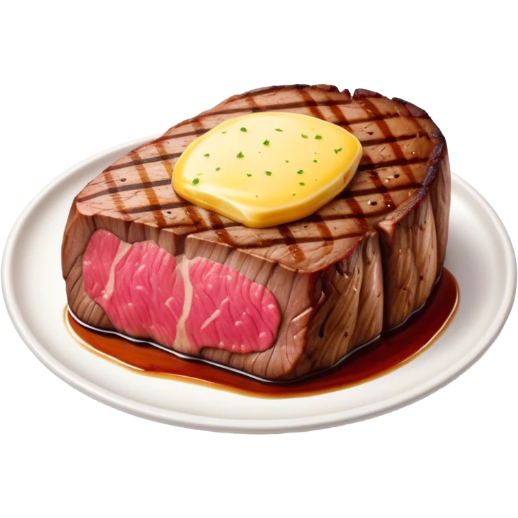 Cinematic thick-cut steak, perfectly seared with grill marks, a juicy pink center, butter melting on top, rich and savory, warm glow, sizzling and mouthwatering, highly detailed and appetizing. emoji