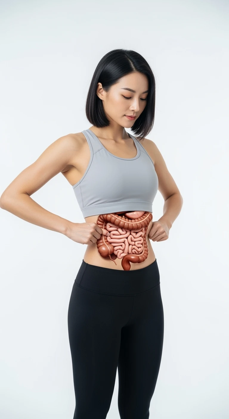 DONNA CHE SI STRINGE I FIANCHI CON LE MANI PER MISURARLI, INTESTINO ANATOMICO REALISTICO IN EVIDENZA, iperrealistico 4k, SENZA METRO, ISOLATA SU SFONDO BIANCO emoji