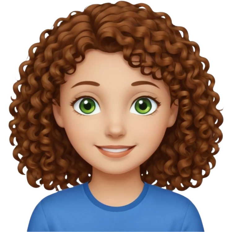 girl with brown hair, green eyes with a blue shirt no background ,young with curly hair smileing emoji