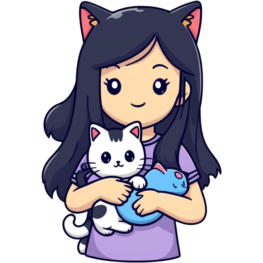 girl with long black hair holding a ginger cat emoji