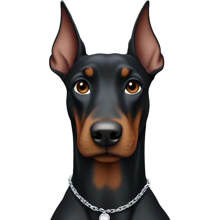 black female doberman dog with a silver chain around her neck and cropped ears emoji