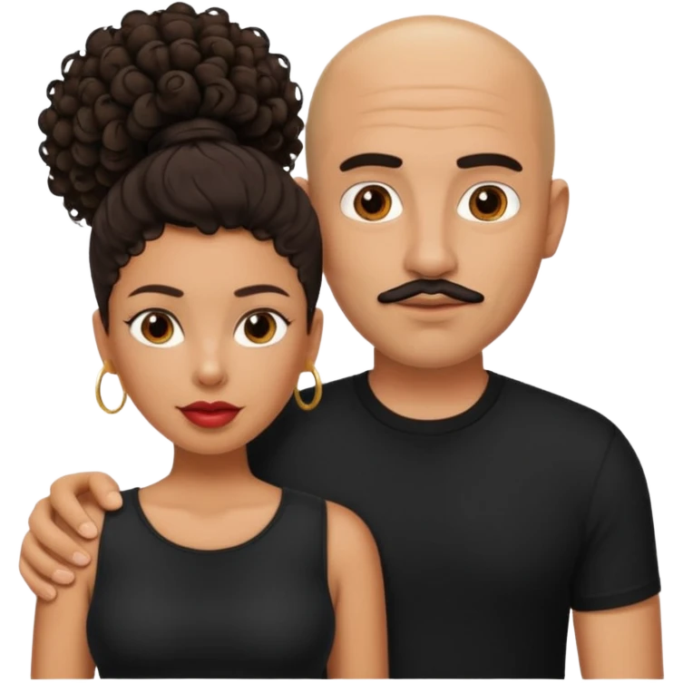 A picture of a tanned couple. the man is a Mexican man with tanned skin, a bald hair cut, short beard and wearing a black shirt. the woman is mixed, with curly medium length hair, with big boobs and lips  emoji