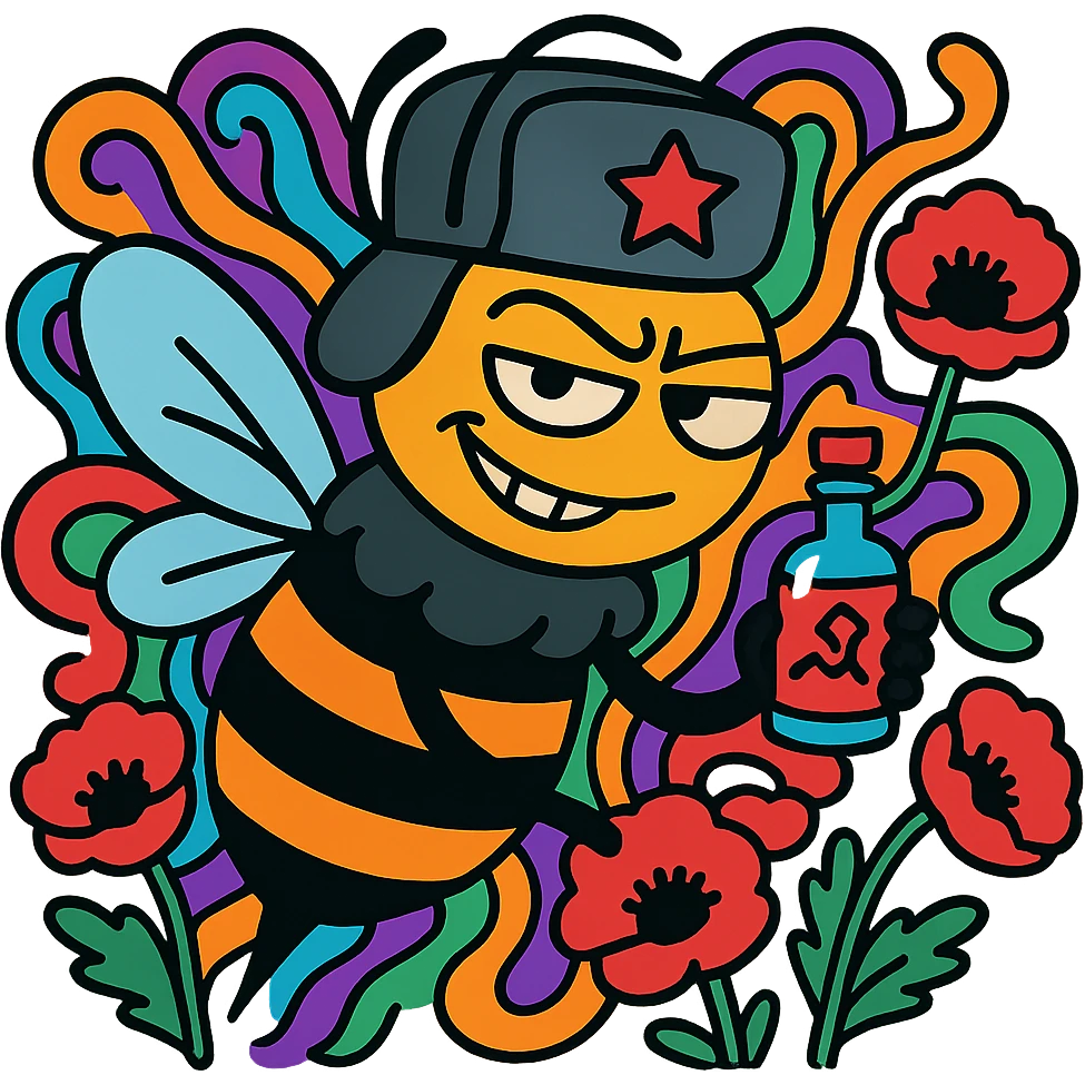 cartoon bee with a Russian vibe, wearing a ushanka hat, looking mischievous with a sly grin, holding a tiny bottle labeled with a mysterious symbol, surrounded by psychedelic swirls and poppy flowers emoji