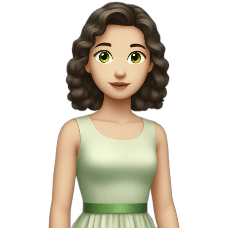 Girl, 14 years old, dark hair, green eyes, white skin, wearing a dress emoji