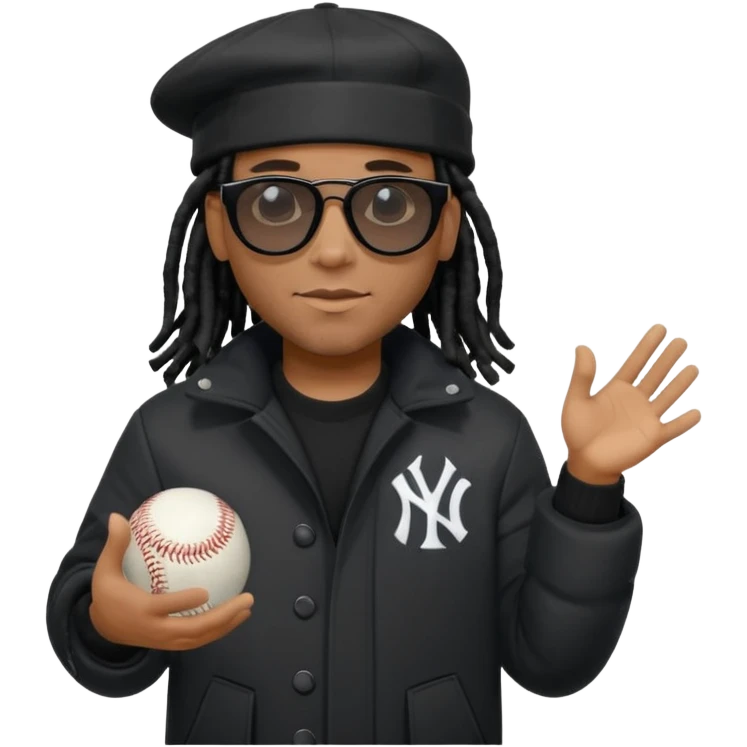 African American man with shoulder length black dreadlocks wearing black sunglasses with black bubble winter coat wearing a New York Yankees baseball hat with hands out emoji