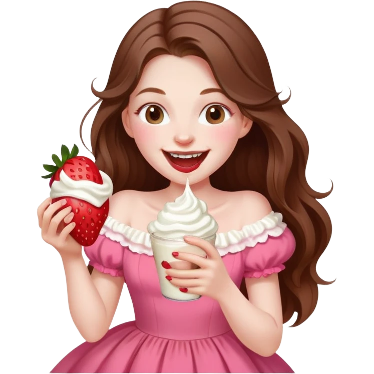 Girl with long brown hair eating strawberries and whipped cream, laughing pale pink elegant   emoji