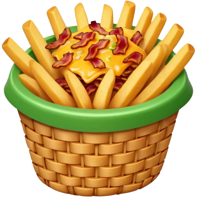 Basket of fries with melted cheese, bacon, and green onion emoji