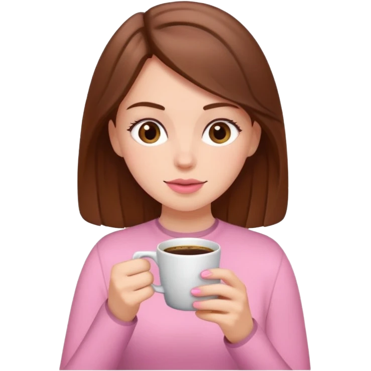 white girl with brown hair drinking coffee wearing pink emoji