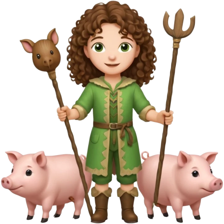 happy young shepard, long curly brown hair, in green magical outfit, with wooden shepard stick in hand, taking care of pigs emoji