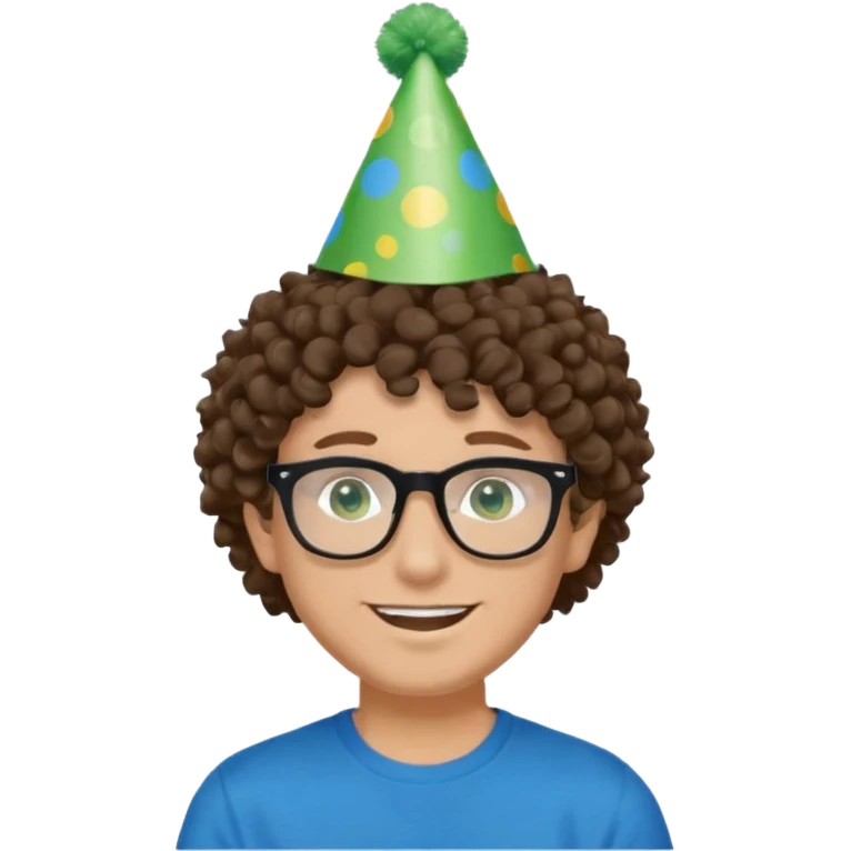 A white guy with curly brown hair and green eyes with a happy face, and wear square black glasses.He’s also got a full silver birthday party hat on his head with blue pom poms on top of it, and his T-shirt is all black, he wears a little gold circle earrings on his left  emoji