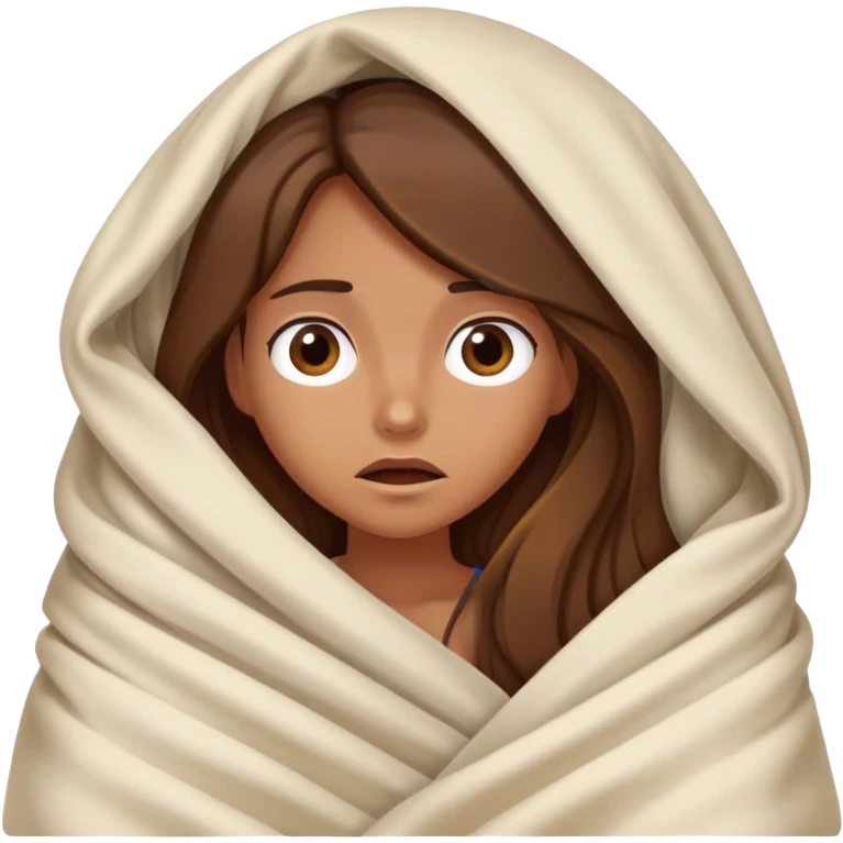 a tanned girl with brown long hair laying in bed hid under the blanket  in fear emoji
