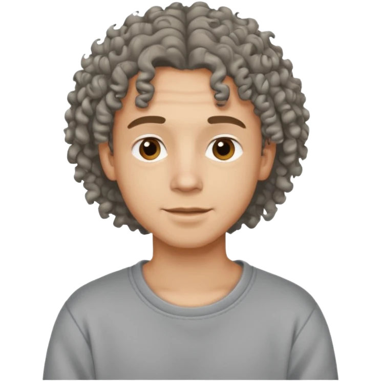 Молодой мужчина с вьющимися волосами средней длины, дружелюбное выражение лица, простой свитшот или лонгслив, стиль свободный и современный. emoji