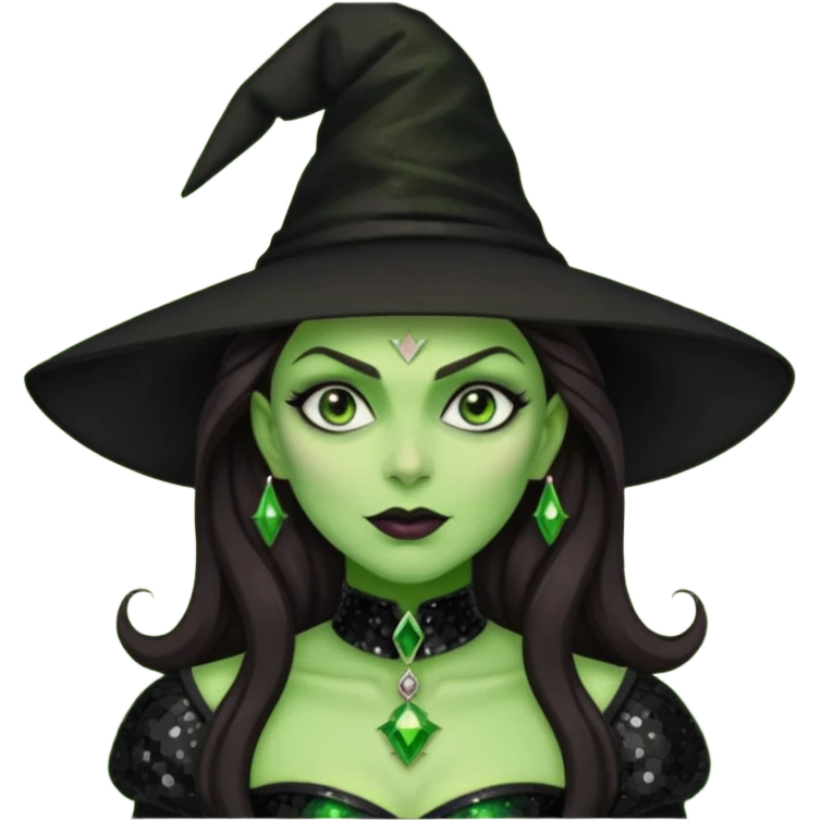 The Wicked Witch from Oz with long dark brown hair, black sequin outfit, green skin emoji