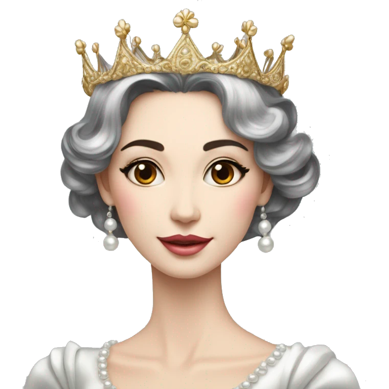 Regal pretty slender middle age woman photograph defined cheekbones high cheekbones crown vintage with very long iridescent black and silver hair wavy long hair pearl crown iridescent emoji