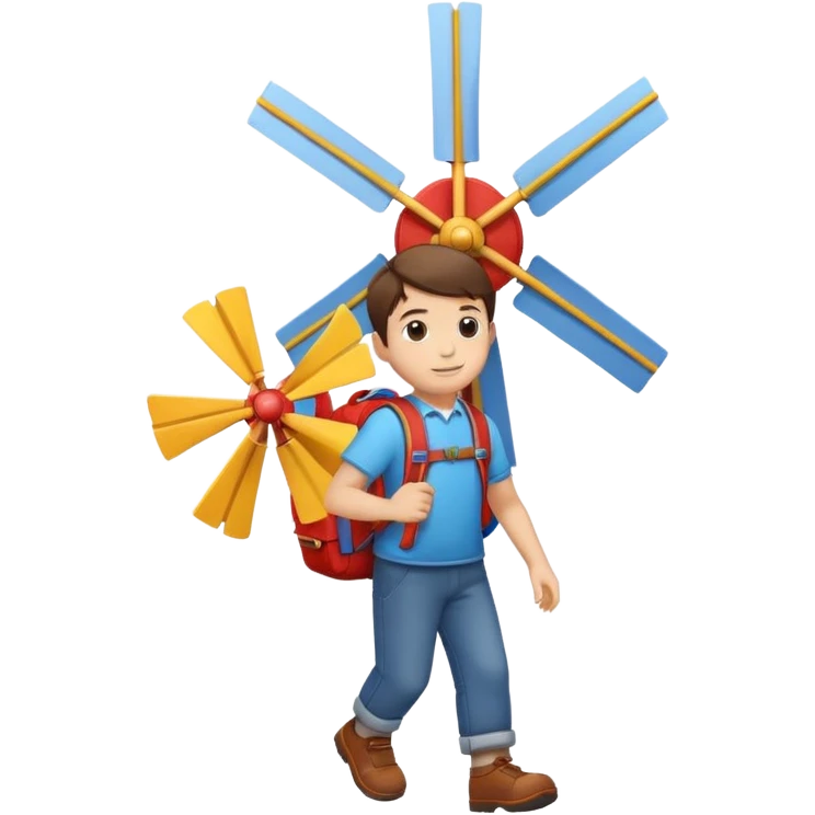 Boy carrying toy windmill backpack emoji