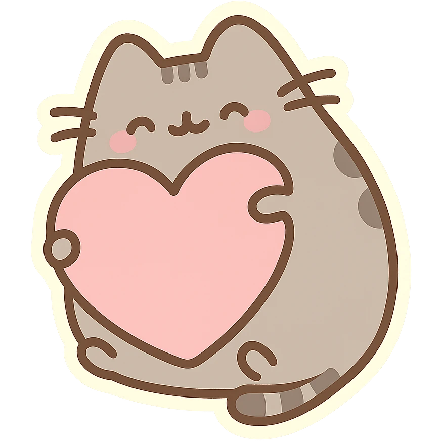 Pusheen hugging a big heart, pastel colors, adorable, chibi stickers style emoji