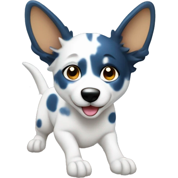 White blue healer digging with dirt flying up, more spots on face emoji