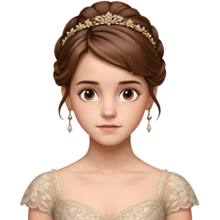 Cinematic Emma Watson Realistic Rococo Portrait, depicted with lifelike skin texture, subtle rosy undertones, and soft natural lighting that enhances the gentle contours of her face. Her intricately detailed brown hair is elegantly styled in an updo, emoji