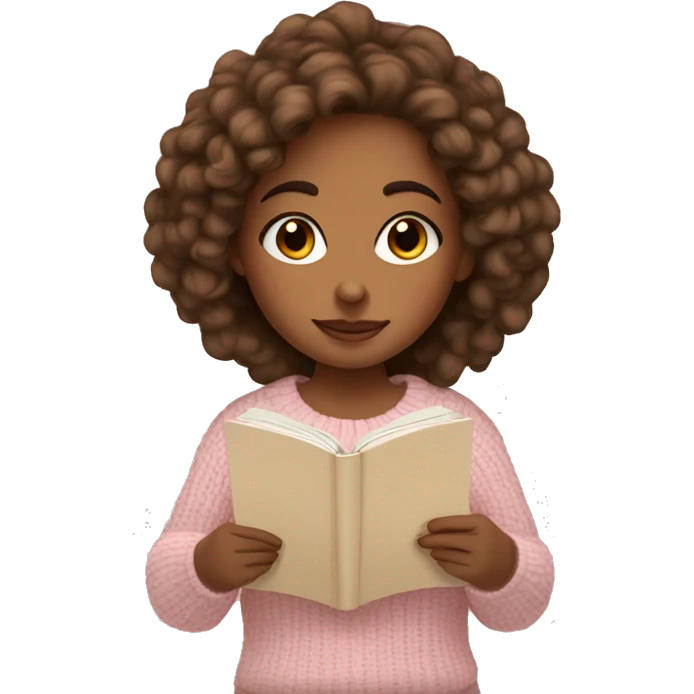 Pretty brown eyed tan girl with light pink sweater reading cozy emoji