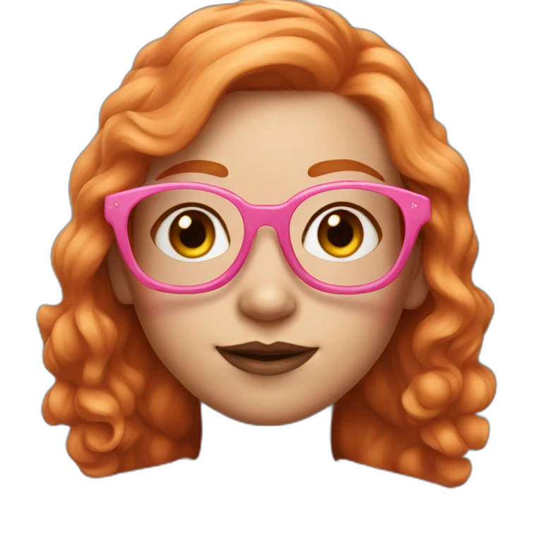 Ginger girl with makeup and pink glasses, shoulder length hair, wearing pink emoji