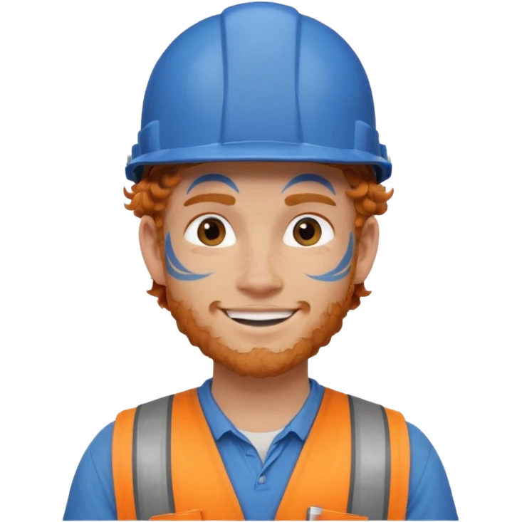 construction worker man ginger curly hair, blue helmet and face tattoo emoji