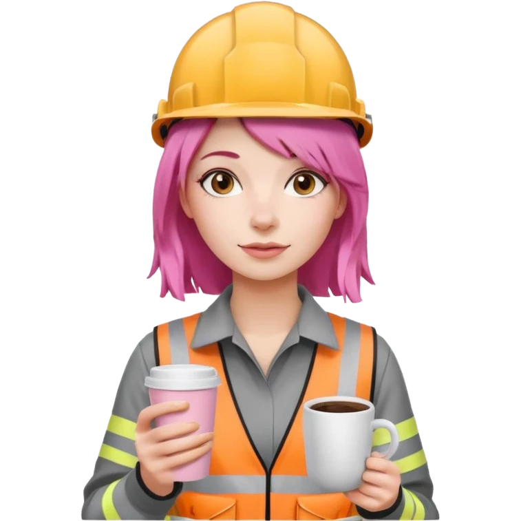 сделай молодую девушку с розовыми волосами, накрашенную красиво, с стаканчиком кофе  и в каске без лого emoji