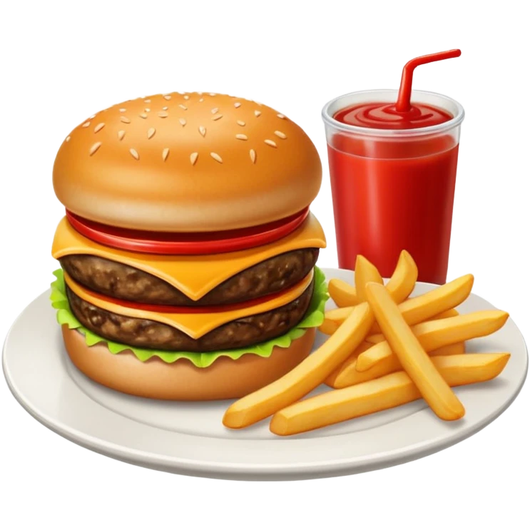 i want a Cheeseburger and Fries with a angle to 15–20° gentle bird’s-eye angle with 2 sauce round plate one is white and other is red with some fries thicker like mcdonald's emoji
