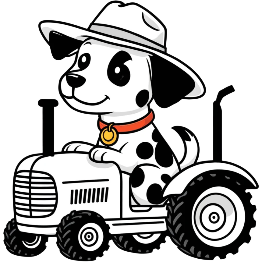 Black and white spotted dog driving a tractor with a cowboy hat  emoji