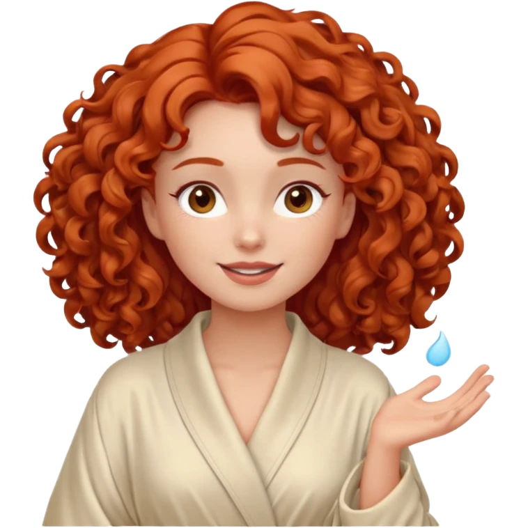 Cartoon emoji of a girl with voluminous curly red hair, fair skin, warm brown eyes. Wearing a chic milky silk robe with long sleeves, no makeup. Portrait mode, giving herself a face massage, joyful and relaxed. Smooth, simple, stylized. emoji