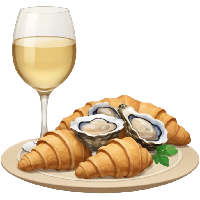 French cuisine humanless avatar in clean emoji-style illustration. 1 Croissant, oysters and wine glass, soft beige tones, simple shapes, flat design, refined and cozy. emoji