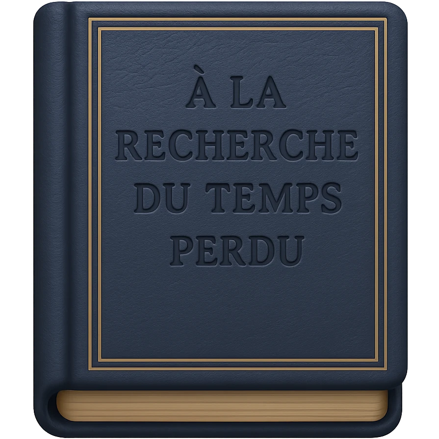 Create an emoji of a classic French book inspired by 'À la recherche du temps perdu' with a navy blue cover, embossed title, elegant and minimal design, no text. Maintain a classic and refined look. emoji