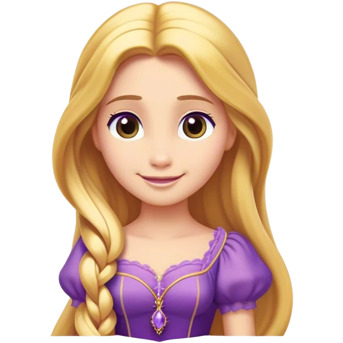Cinematic Radiant Rapunzel Portrait Emoji, rendered in a flat vector style with clean proportions. Show Rapunzel with a gentle smile, fair, glowing skin, and her iconic long golden hair cascading softly, wearing a simple, elegant purple dress. The image radiates a warm, enchanting glow, high shine, and is accentuated by a soft glowing outline. emoji