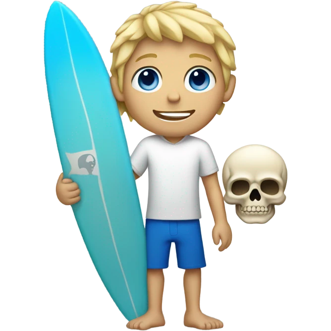 boy with scruffy blonde hair and blue eyes. holding a surfboard with a skull on it emoji