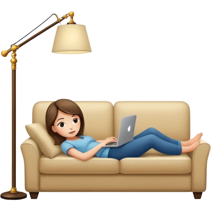 A girl is working with a laptop while lying on a sofa, with a floor lamp to the right. emoji