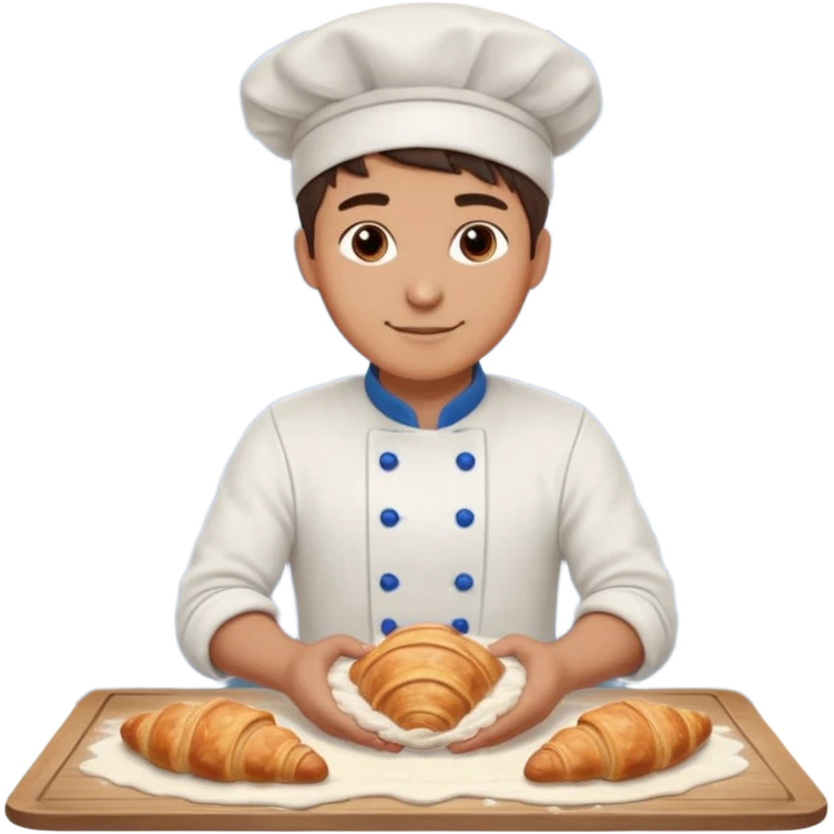 Young male baker – rolling croissant dough on a wooden table, flour on clothes

 emoji
