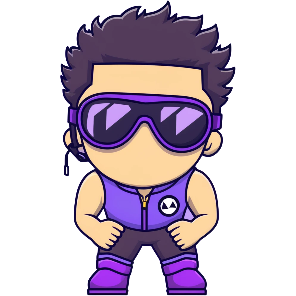 male athlete with white skin and moderately curly black hair on top with shaved sides, wearing ski goggles with purple frames and very dark black lenses, a simple plain black chain necklace, and a completely unzipped sleeveless vest with purple and black sequin fire pattern design, fully revealing his chest, shoulders and arms, no earrings emoji