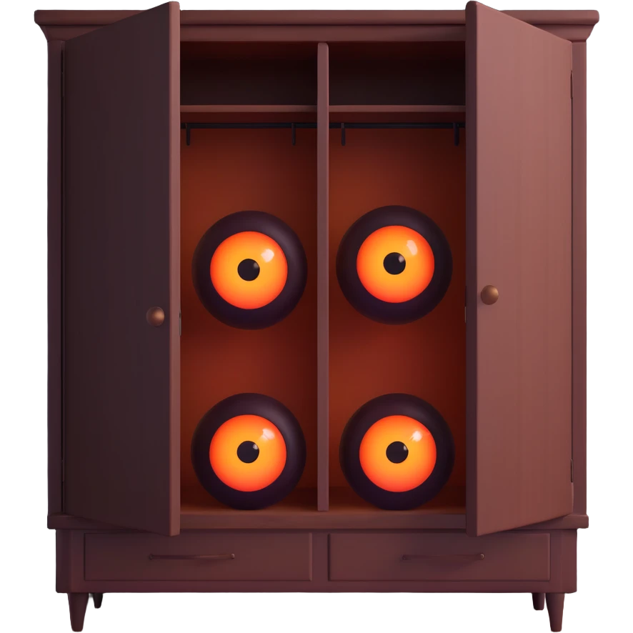 creepy glowing eyes in the shadows of a wardrobe, evoking the boogeyman emoji