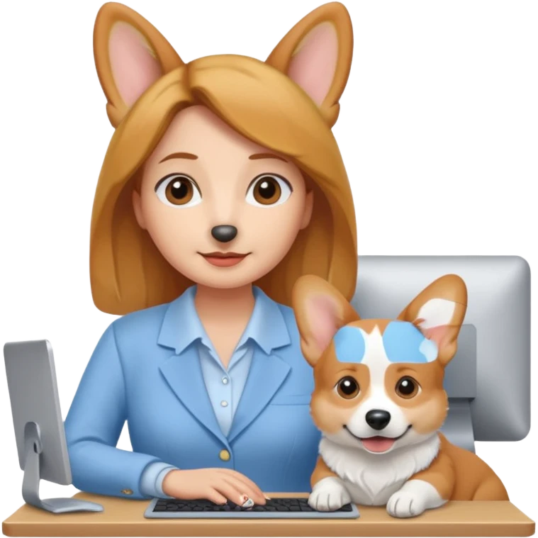 perrita caricatura gorgi gales ejecutiva con ropa celeste claro mujer frente a computadora emoji