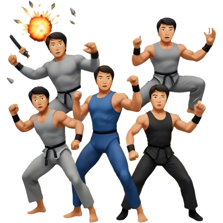 Collage of Arnold Schwarzenegger, Sylvester Stallone and Jackie Chan in intense action poses, surrounded by explosions, martial arts moves, weapons. The design should capture the high energy and heroism of classic action films. Transparent background. emoji